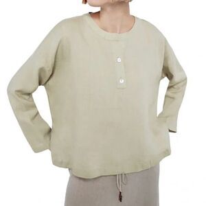 Zara Linen Henley Top Beige Green